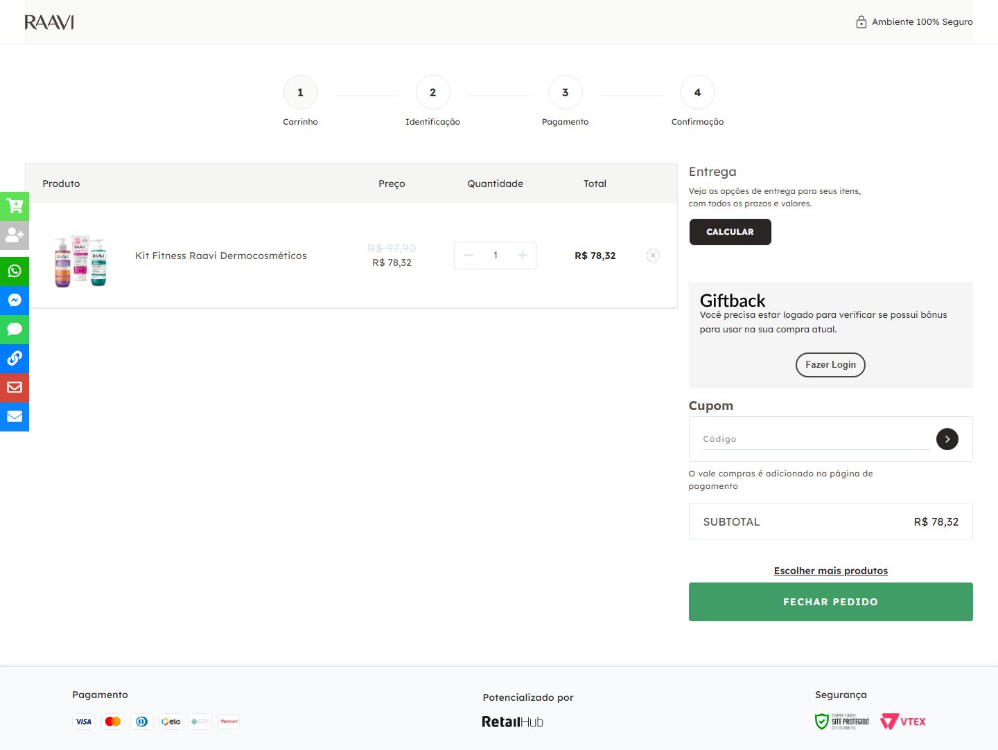 Carrinho em desktop 1440 px: tabela com 1 item à esquerda, coluna direita com Entrega, Giftback, Cupom, Subtotal, Escolher mais produtos e Fechar pedido; barra de 8 ícones fixa à esquerda.