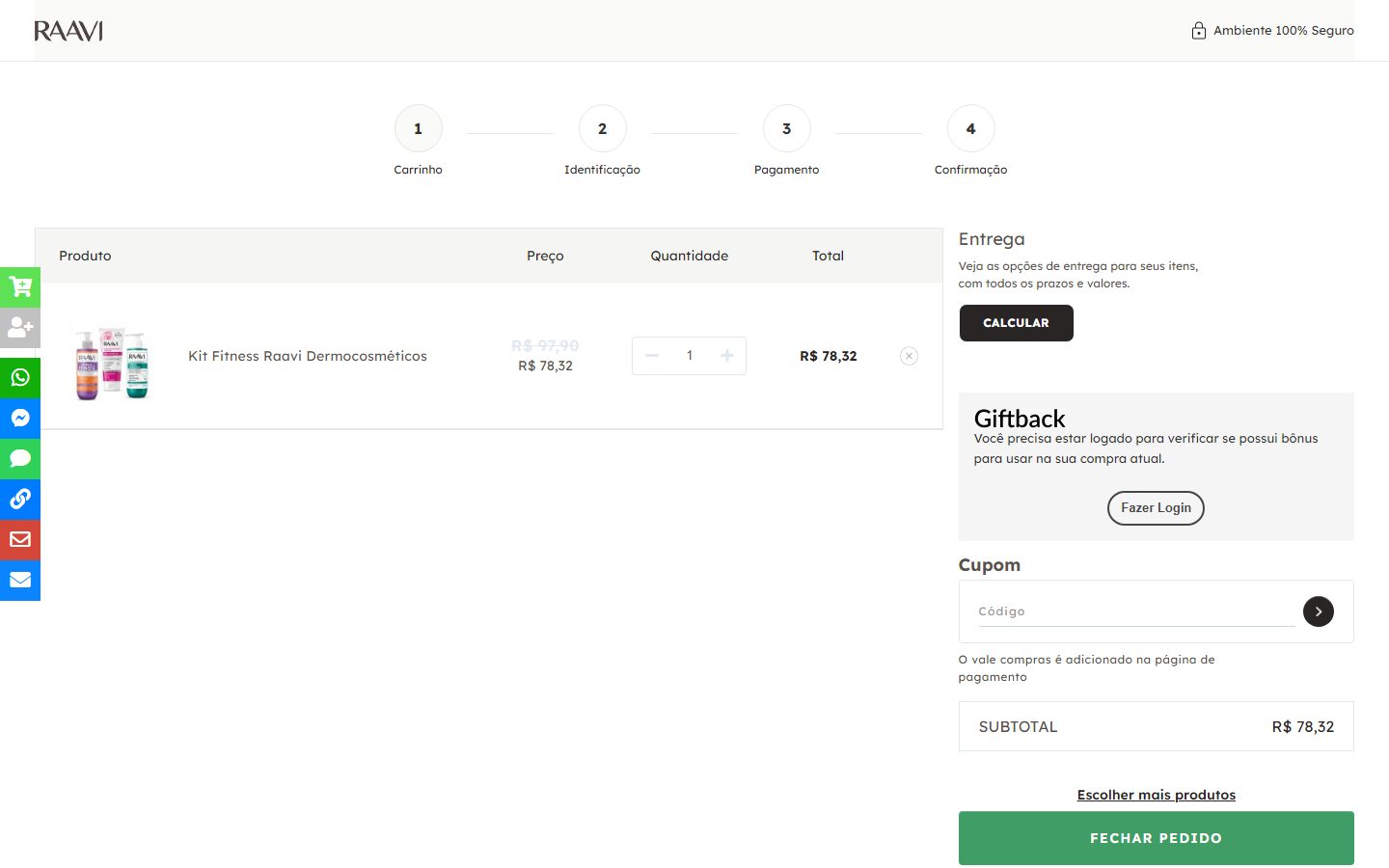 Carrinho às 16:09 com o bloco Giftback e o botão Fechar pedido no rodapé da tela.