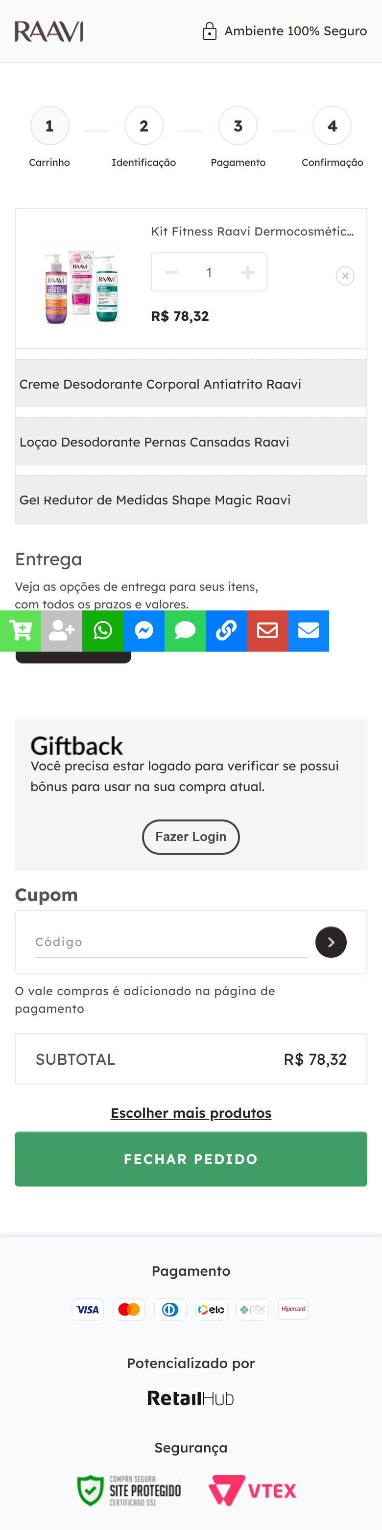 Carrinho no iPhone 13, página inteira: item, três linhas cinza com os componentes do kit, Entrega, barra de ícones coloridos, Giftback, Cupom, Subtotal e Fechar pedido bem abaixo da primeira tela.